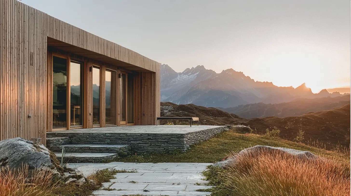 Eine Holzhütte mit grossen Fenstern am Berghang, die Abendsonne leuchtet über den Gipfeln.